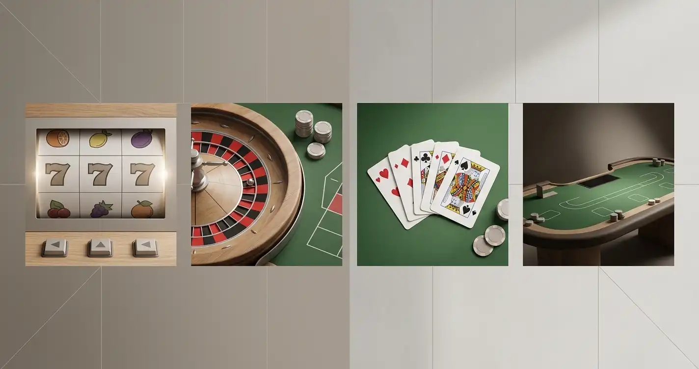 Neutral illustration af spilleautomater, roulette, blackjack og direkte casinospil uden brandlogo