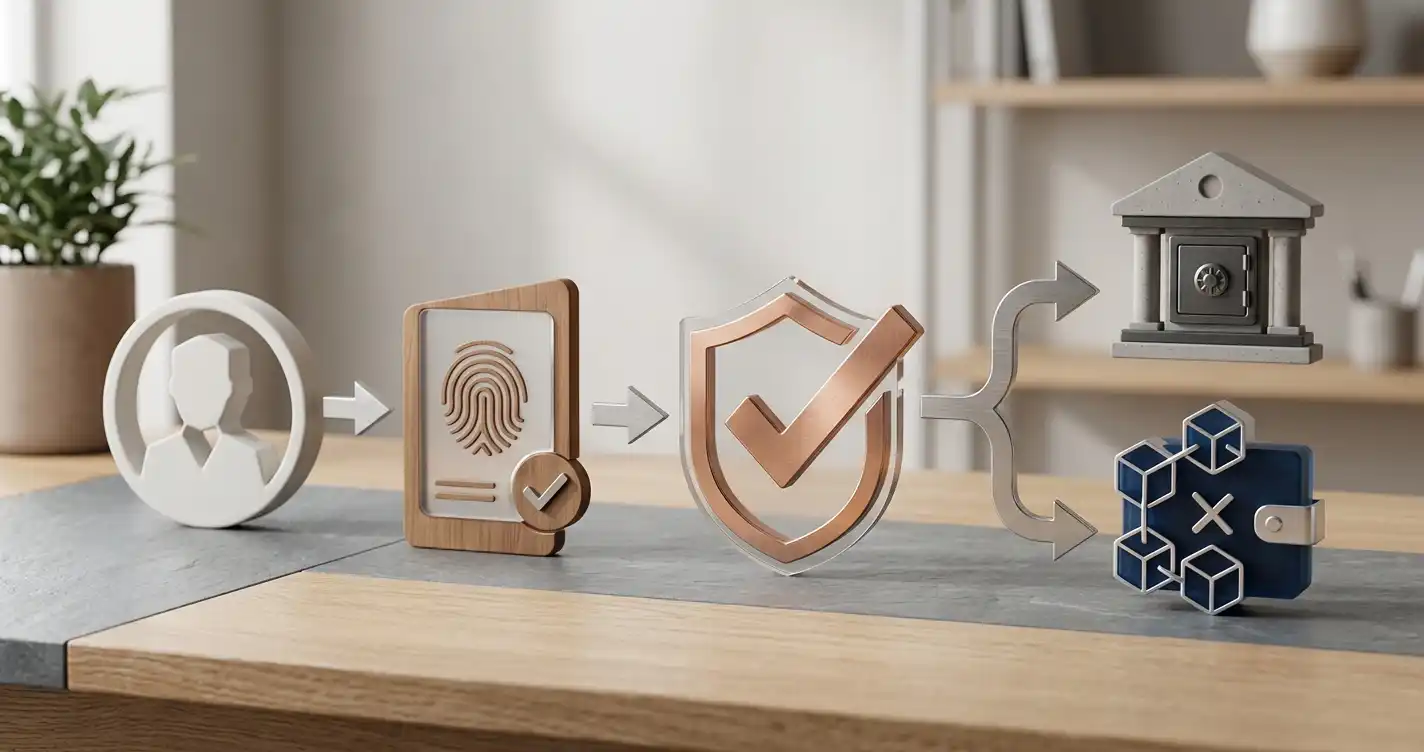 Neutral illustration af et udbetalingsflow fra konto og identitetskontrol til bank eller blockchain