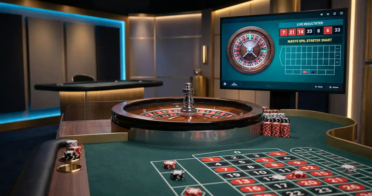 Generisk direkte casinospil-bord med roulette, spillekort og spilvært uden brandlogo